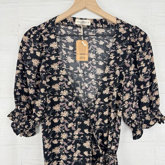 Natural Life Sophia Wrap Midi Dress Size Medium Black Leaf Print Boho Elegant - Picture 4 of 16